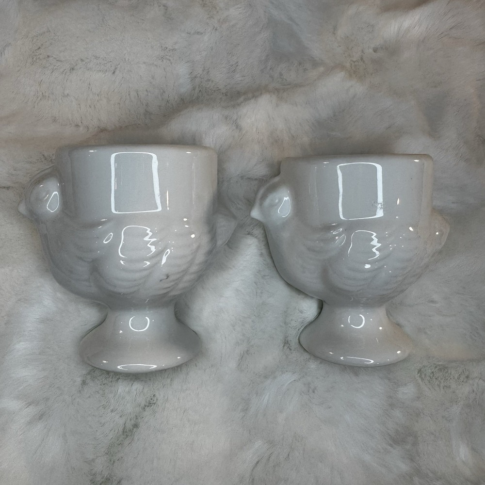 Vintage Collectable White Chicken Ceramic 2.75"H Egg Cups - Set of 2